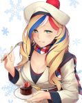  1girl 2016 absurdres belt belt_buckle beret blonde_hair blue_eyes blue_hair breasts buckle cake cleavage collarbone commandant_teste_(kantai_collection) enosan fingernails food french fruit grin hat highres holding_fork kantai_collection long_hair long_sleeves looking_at_viewer matching_hair/eyes medium_breasts multicolored_hair multicolored_scarf plate redhead scarf smile snowflake_background solo strawberry white_background white_hair 