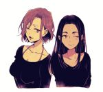  2girls alternate_eye_color black_hair breasts brown_eyes cleavage lowres mila_babicheva multiple_girls naho_(pi988y) one_eye_closed open_mouth redhead sara_crispino smile upper_body violet_eyes yuri!!!_on_ice 