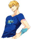  1boy arts_shirt blonde_hair blue_shirt earrings fate/grand_order fate_(series) gilgamesh gilgamesh_(caster)_(fate) jewelry looking_at_viewer pvc_parfait red_eyes shirt simple_background smirk solo upper_body white_background 