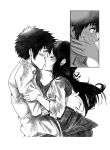  absurdres black_hair closed_eyes comic couple hair_ribbon hetero highres kimi_no_na_wa kiss long_hair miyamizu_mitsuha monochrome ribbon shanson2003 spoilers tachibana_taki 