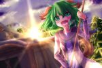  animal_ears broom dog_ears dress fang green_eyes green_hair happy kasodani_kyouko myouren_temple open_mouth pink_dress sunrise tail touhou 