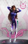  1girl abstract_background animal_print arm_behind_head arms_up bangs bodysuit bracer breasts brown_eyes brown_hair bunny_print clothes_writing contrapposto d.va_(overwatch) dated emblem eyebrows facepaint facial_mark finger_to_mouth full_body gloves grey_background headphones high_collar highres honeycomb_(pattern) honeycomb_background jit-art lips long_hair looking_at_viewer medium_breasts nose overwatch parted_lips pilot_suit ribbed_bodysuit shoulder_pads signature skin_tight smile solo swept_bangs whisker_markings white_gloves 