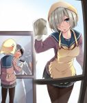  1boy 1girl :o admiral_(kantai_collection) against_glass anger_vein angry apron blue_skirt breasts cleaning comic dripping eyes_visible_through_hair gloves hamakaze_(kantai_collection) hat head_scarf head_tilt heart heart_eyes kantai_collection long_sleeves medium_breasts military military_uniform miniskirt naval_uniform nironiro open_mouth pants pantyhose peaked_cap pleated_skirt sailor_collar short_hair skirt uniform water white_gloves white_hat white_pants window yellow_apron yellow_neckerchief 