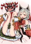  1girl animal_ears blush breasts christmas claw_(weapon) claws collar cro fang gloves granblue_fantasy highres long_hair looking_at_viewer lying on_back open_mouth orange_eyes panties red_eyes sen_(granblue_fantasy) silver_hair skirt solo underwear weapon white_panties 
