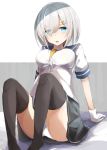  1girl arm_support bangs bed_sheet black_legwear black_skirt blush breasts eyebrows_visible_through_hair eyes_visible_through_hair gloves hair_ornament hair_over_one_eye hairclip half-closed_eyes hamakaze_(kantai_collection) highres kantai_collection knees_up large_breasts looking_at_viewer miyabino_(miyabi1616) neckerchief on_bed panties pantyshot pantyshot_(sitting) parted_lips school_uniform serafuku shade short_hair short_sleeves sitting skirt solo thigh-highs underwear white_gloves white_panties yellow_neckerchief 