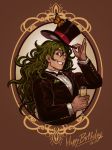  1boy alcohol ballooncar beetle bow bowtie butterfly champagne champagne_flute cup dangan_ronpa dark_skin dark_skinned_male dated drinking_glass glasses gokuhara_gonta green_hair happy_birthday hat highres jacket long_hair looking_at_viewer male_focus monarch_butterfly new_dangan_ronpa_v3 one_eye_closed profile red_eyes round_glasses smile solo top_hat tuxedo 