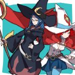  2girls belt blue_hair breasts cape choker cleavage cloak dual_persona glasses hand_on_hip hat highres little_witch_academia long_hair makai medium_breasts multiple_girls red_eyes redhead rimless_glasses shiny_chariot short_hair sketch small_breasts smile staff thigh-highs ursula_(little_witch_academia) witch witch_hat 