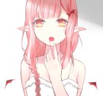  1girl blush bow braid demon_wings finger_to_mouth hair_bow long_hair looking_at_viewer natariya open_mouth original pink_eyes pink_hair pointy_ears red_bow sketch solo spaghetti_strap upper_body white_background wings 