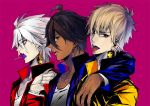  3boys alternate_costume arm_over_shoulder blue_jacket candy dark_skin dark_skinned_male earrings fate/apocrypha fate/grand_order fate/prototype fate/prototype:_fragments_of_blue_and_silver fate/stay_night fate_(series) food gilgamesh jacket jewelry karna_(fate) lollipop looking_at_viewer magenta_background male_focus multiple_boys multiple_earrings pvc_parfait red_jacket rider_(fate/prototype_fragments) shirt t-shirt tongue tongue_out yellow_jacket 