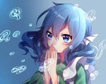  1girl animal_ears blue_eyes blue_hair bubble commentary_request drill_hair fish_tail head_fins japanese_clothes kimono long_sleeves mermaid monster_girl renka_(sutegoma25) solo touhou underwater wakasagihime wide_sleeves 