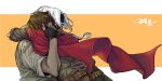  1girl ana_(overwatch) artist_request brown_hair dark_skin hood hug mccree_(overwatch) overwatch white_hair 