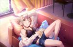  1girl barefoot blanket cardigan chair couch curtains denim denim_shorts idolmaster idolmaster_cinderella_girls idolmaster_cinderella_girls_starlight_stage indoors jewelry lying messy_hair necklace off_shoulder official_art one_eye_closed pillow purple_shirt shiomi_shuuko shirt short_hair short_shorts shorts silver_hair sliding_doors solo sunlight table thighs wind 