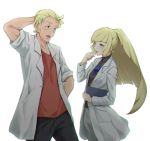  1boy 1girl arm_behind_back blonde_hair chromatic_aberration gem green_eyes hand_behind_head husband_and_wife labcoat long_hair long_sleeves lusamine_(pokemon) mohn open_labcoat open_mouth pokemon pokemon_(game) pokemon_sm red_shirt shirt short_hair simple_background sleeves_rolled_up sugarbeat white_background younger 