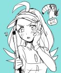  &gt;:o /\/\/\ 1girl :o ahoge aqua_background bird blush bracelet buttons collared_shirt commentary_request elite_four female golf_club hand_on_own_face holding jewelry kahili_(pokemon) long_hair mole mole_under_eye monochrome moumoku_nezumi open_mouth pokemon pokemon_(creature) pokemon_(game) pokemon_sm shirt short_sleeves simple_background single_glove sketch solo speech_bubble striped striped_shirt sweat teeth text tongue toucan toucannon translated upper_body visor_cap z-ring 