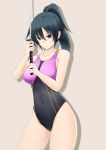  1girl black_eyes black_hair competition_swimsuit contrapposto covered_navel fuuma_nagi grey_background long_hair one-piece_swimsuit original ponytail simple_background standing swimsuit sword weapon 