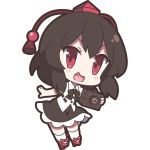  &gt;:d 1girl 60mai :d bangs black_bow black_bowtie black_hair black_skirt blush bow bowtie camera chibi collared_shirt eyebrows_visible_through_hair full_body geta hat holding holding_camera looking_at_viewer open_mouth red_bow red_eyes red_shoes shameimaru_aya shirt shoes short_sleeves simple_background skirt smile standing tokin_hat touhou white_background white_legwear white_shirt 