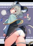  1girl :t animal animal_ear_fluff animal_ears ass black_dress blush capelet dress dress_lift from_behind grey_capelet grey_hair highres iroyopon long_sleeves looking_at_viewer medium_hair mouse mouse_ears mouse_tail nazrin panties pout red_eyes solo spoken_squiggle squiggle tail touhou underwear white_panties 