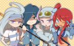  1boy 3girls ;d ahoge bangs blue_eyes blue_gloves blue_hair blue_hat blush breasts buttons closed_mouth collarbone collared_shirt crop_top elbow_gloves elite_four eyebrows_visible_through_hair frown fuuro_(pokemon) gloom_(expression) gloves goggles goggles_on_headwear golf_club gym_leader hair_between_eyes hair_bun hair_over_one_eye hat hayato_(pokemon) highres japanese_clothes kahili_(pokemon) large_breasts long_hair long_sleeves mikuji mole mole_under_eye multiple_girls nagi_(pokemon) navel one_eye_closed open_mouth orange_background outline over_shoulder pokemon pokemon_(game) pokemon_bw pokemon_hgss pokemon_oras pokemon_sm polka_dot polka_dot_background purple_hair redhead shaded_face shirt short_hair short_sleeves smile striped striped_shirt sweatdrop teeth tongue trait_connection v violet_eyes visor_cap 