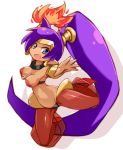  1girl armpits bare_shoulders blue_eyes blush_stickers breasts choker cleavage dark_skin earrings fang fire forehead_protector harem_pants hips hoop_earrings jewelry jumping long_hair looking_at_viewer midriff navel o-ring_top open_mouth outstretched_arms pants pointy_ears ponytail purple_hair shantae shantae_(character) shantae_(series) simple_background solo spread_arms stomach vambraces white_background 