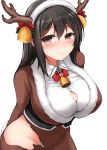  1girl animal_costume antlers arms_behind_back black_hair blush breasts brown_eyes bursting_breasts chikuma_(kantai_collection) cleavage don_(29219) hips kantai_collection large_breasts leaning_forward long_hair looking_at_viewer reindeer_antlers reindeer_costume smile solo torn_clothes 