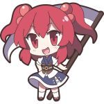  1girl 60mai :d bangs blush chibi coin dress eyebrows_visible_through_hair full_body hair_bobbles hair_ornament holding holding_weapon looking_at_viewer obi onozuka_komachi open_mouth puffy_short_sleeves puffy_sleeves red_eyes redhead sandals sash scythe short_sleeves simple_background smile solo standing touhou two_side_up weapon white_background white_legwear 