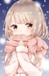  1girl azuki_(krps-hano) bangs blush close-up coat covered_mouth duffel_coat enpera half-closed_eyes hands_on_own_chest highres light_brown_hair long_hair looking_to_the_side original pink_scarf scarf snow solo upper_body 