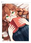  1girl absurdres arms_at_sides bangs blush book braid breasts brown_hair cleavage close-up covered_mouth covering_mouth dutch_angle ear_blush eyebrows_visible_through_hair glasses green_eyes hair_between_eyes hair_flaps hands_up highres holding holding_book kantai_collection large_breasts long_hair looking_at_viewer nose_blush noshiro_(kantai_collection) open_book plan_(planhaplalan) round_glasses silver-framed_eyewear solo twin_braids 