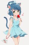  1girl :3 animal_ears artist_request blue_dress blue_hair blush bow candy_apple cat_ears cat_girl cat_tail cyan_(show_by_rock!!) dress fish food goldfish green_eyes hair_bow hair_ornament hairclip highres short_ponytail show_by_rock!! simple_background solo tail traditional_media 