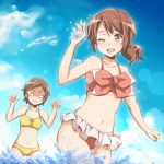  2girls bikini brown_eyes brown_hair clouds day frilled_bikini frills hibike!_euphonium katou_hazuki low_ponytail multiple_girls oumae_kumiko ponytail red_bikini riai_(onsen) short_hair sky splashing standing swimsuit water yellow_bikini you_gonna_get_raped 