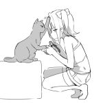  1girl camisole cat closed_mouth greyscale hair_ribbon jitome monochrome nail_clippers original petting ribbon short_shorts shorts sketch sky_(freedom) sky_(sky-freedom) solo squatting thigh-highs two_side_up 