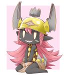  1girl between_legs black_skin blush_stickers brown_gloves chibi final_fantasy gloves hand_between_legs helmet looking_at_viewer monster_girl pink_hair pointy_ears princess_goblin_(world_of_final_fantasy) sharp_teeth sitting solo teeth world_of_final_fantasy yanbee 