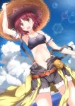  1girl :d arm_up atelier_(series) atelier_sophie belt black_shorts blush breasts brown_eyes brown_hair cleavage clouds collarbone cowboy_shot day detached_sleeves eyebrows_visible_through_hair groin hand_on_headwear hat highres lens_flare looking_at_viewer medium_breasts navel numpopo open_mouth outdoors short_hair shorts sky smile solo sophie_neuenmuller sports_bra straw_hat sunlight suspenders water 