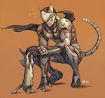 1boy adapted_costume animal animal_ears arm_support armor artist_name black_hair bodysuit brown_background cat cat_ears cat_tail cyborg floating_hair flying_sweatdrops full_body genji_(overwatch) helmet holding long_hair male_focus overwatch playing ponytail power_armor sae_(revirth) simple_background squatting tail 