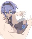  1boy 1girl arched_back ass assassin_(fate/prototype_fragments) bangs bare_shoulders blade_(galaxist) blush breasts cleavage_cutout dark_skin eyebrows_visible_through_hair fate/grand_order fate/prototype fate/prototype:_fragments_of_blue_and_silver fate_(series) fingerless_gloves flower gloves hair_between_eyes hands_on_another&#039;s_chest headband hug looking_at_viewer out_of_frame parted_lips petite purple_hair shiny shiny_hair short_hair sidelocks simple_background sitting sitting_on_lap sitting_on_person size_difference small_breasts solo_focus tsurime violet_eyes white_background 