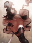  1girl artist_name ass black_gloves black_legwear blindfold gloves hairband jack_hamster looking_to_the_side nier_(series) nier_automata short_hair signature solo thigh-highs thighs upskirt white_hair yorha_unit_no._2_type_b 