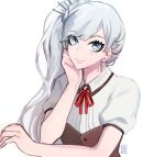  1girl blue_eyes blush dress ecru long_hair rwby scar school_uniform side_ponytail weiss_schnee white_hair 