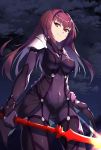  blush bodysiuit brown_hair fate/ectra lancer_(fate/extra) long_hair red_eyes spear warrior 