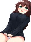  1girl blush braid breasts brown_hair don_(29219) green_eyes kantai_collection large_breasts long_hair noshiro_(kantai_collection) open_mouth panties pantyshot simple_background solo sweater twin_braids underwear upskirt white_background 