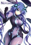  1girl blue_eyes bodysuit braid breasts choujigen_game_neptune covered_navel hair_ornament impossible_clothes large_breasts long_hair neptune_(choujigen_game_neptune) neptune_(series) next_purple power_symbol purple_hair purple_heart skin_tight smile twin_braids very_long_hair waist white_background 