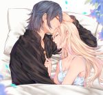  1boy 1girl bed black_hair blanket blonde_hair final_fantasy final_fantasy_xv highres long_hair lunafreya_nox_fleuret noctis_lucis_caelum parted_lips pillow sleeping upper_body yorukun 