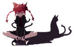  1girl animal_ears black_cat black_shoes bow braid cat cat_ears cat_tail dress hair_bow highres indian_style kaenbyou_rin long_hair long_sleeves looking_at_viewer mifuru multiple_tails puffy_long_sleeves puffy_sleeves red_eyes redhead shadow shoes simple_background sitting smile solo tail touhou twin_braids two_tails white_background 