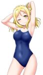  1girl :3 ;) armpits arms_behind_head arms_up blonde_hair blue_swimsuit blush braid breasts commentary_request covered_navel cowboy_shot crown_braid green_eyes hair_rings highres looking_at_viewer love_live! love_live!_sunshine!! medium_breasts medium_hair ohara_mari one-piece_swimsuit one_eye_closed school_swimsuit simple_background smile solo swimsuit white_background yellow_eyes yopparai_oni 