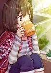  1girl bangs blanket bob_cut brown_eyes brown_hair clarinet_(natsumi3230) commentary_request cup drinking eyebrows_visible_through_hair grey_shirt hair_between_eyes holding holding_cup knees_up legs_together looking_out_window looking_to_the_side mug original shirt short_hair sitting solo striped striped_shirt white_shirt window 