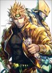  2boys artist_name bangs belt black_nails blonde_hair dio_brando earrings grin hand_on_hip headband heart holding holding_knife jacket jewelry jojo_no_kimyou_na_bouken k-suwabe knife looking_at_viewer male_focus multiple_boys red_eyes short_hair simple_background smile spiky_hair stand_(jojo) the_world upper_body white_background yellow_jacket 