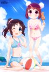  2girls ;d absurdres antenna_hair ball barefoot beach beachball bikini bikini_shorts blush breasts cleavage clouds cloudy_sky collarbone day feet fuda_yumine furukawa_hideki hair_ornament hair_scrunchie highres honda_tamaki ikayaki light_rays looking_at_viewer multiple_girls navel ocean official_art one_eye_closed open_mouth polka_dot polka_dot_bikini ponytail scrunchie short_hair shorts sitting sky small_breasts smile standing stella_no_mahou sunbeam sunlight swimsuit water wet wet_hair 