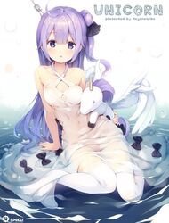  1girl azur_lane bare_shoulders dress hair_bun one_side_up purple_hair senji_(tegone_spike) side_bun stuffed_animal stuffed_pegasus stuffed_toy stuffed_unicorn thigh-highs unicorn_(azur_lane) water white_dress white_legwear 