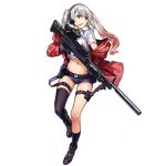  1girl asymmetrical_legwear belt bipod black_gloves black_legwear blue_eyes eyebrows full_body general_dynamics_lwmmg girls_frontline gloves grey_hair gun hair_ornament hairclip headphones headset holding holding_gun holding_weapon holster hood hooded_jacket jacket legs long_twintails looking_away looking_to_the_side lwmmg_(girls_frontline) multicolored_hair navel nose off_shoulder official_art parted_lips personification red_jacket redhead scope shirt shoes shorts solo strap suppressor thigh-highs transparent_background trigger_discipline twintails walking weapon white_shirt 