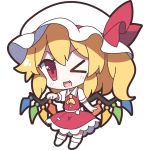  &gt;_o 1girl 60mai ;d ascot bangs blonde_hair blush bow buttons chibi clenched_hand collared_shirt eyebrows_visible_through_hair fang flandre_scarlet full_body hat hat_bow mob_cap one_eye_closed one_side_up open_mouth red_bow red_skirt shirt short_sleeves simple_background skirt skirt_set smile solo standing touhou white_background white_bow white_hat white_shirt wings 