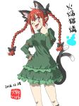  1girl 2016 akanbe animal_ears cat_ears cat_tail character_name cowboy_shot dated inuno_rakugaki kaenbyou_rin looking_at_viewer multiple_tails one_eye_closed red_eyes redhead solo tongue tongue_out touhou white_background 
