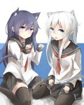  2girls akatsuki_(kantai_collection) animal_ears baggy_clothes bangs black_legwear black_skirt blue_background blush cat_ears cat_tail closed_mouth eyebrows_visible_through_hair fang hair_between_eyes half-closed_eyes hands_on_thighs hibiki_(kantai_collection) highres kantai_collection long_hair looking_at_viewer miyabino_(miyabi1616) multiple_girls neckerchief open_mouth pantyhose paw_pose pleated_skirt purple_hair red_neckerchief school_uniform serafuku sitting skirt smile tail thigh-highs two-tone_background violet_eyes wariza white_background 